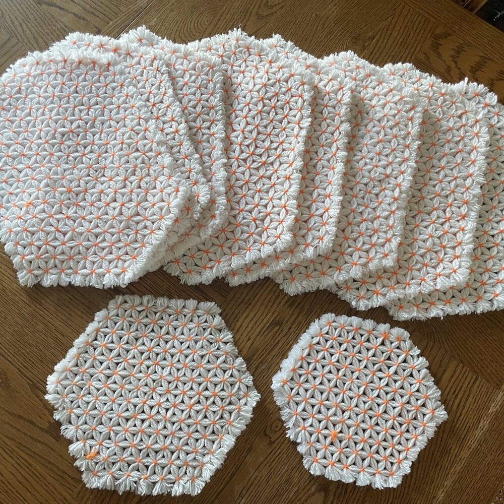 Vintage Placemats Hot Pads Potholders Loom Weave Crochet Set 10 White Orange